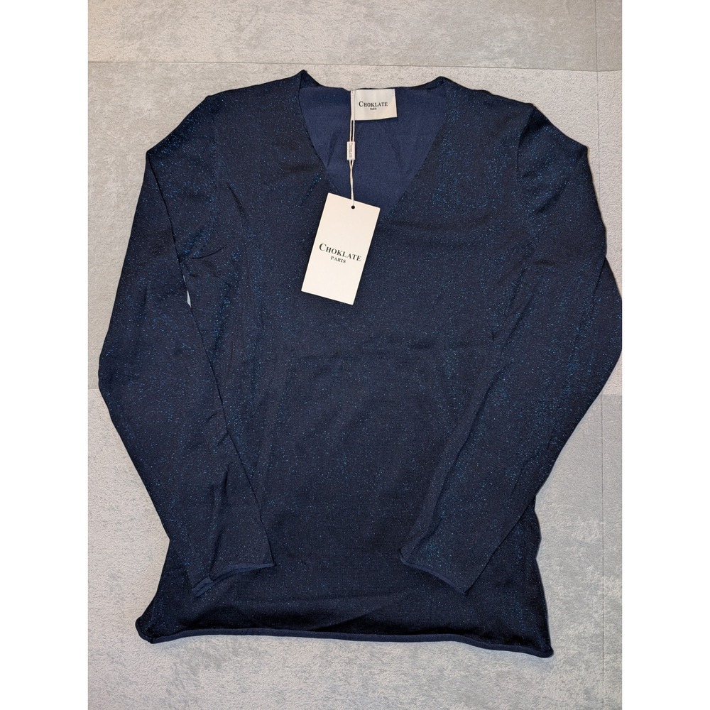 Choklate Paris Metallic Shimmer Knit Sweater Navy Blue V-Neck Women's NWT XS